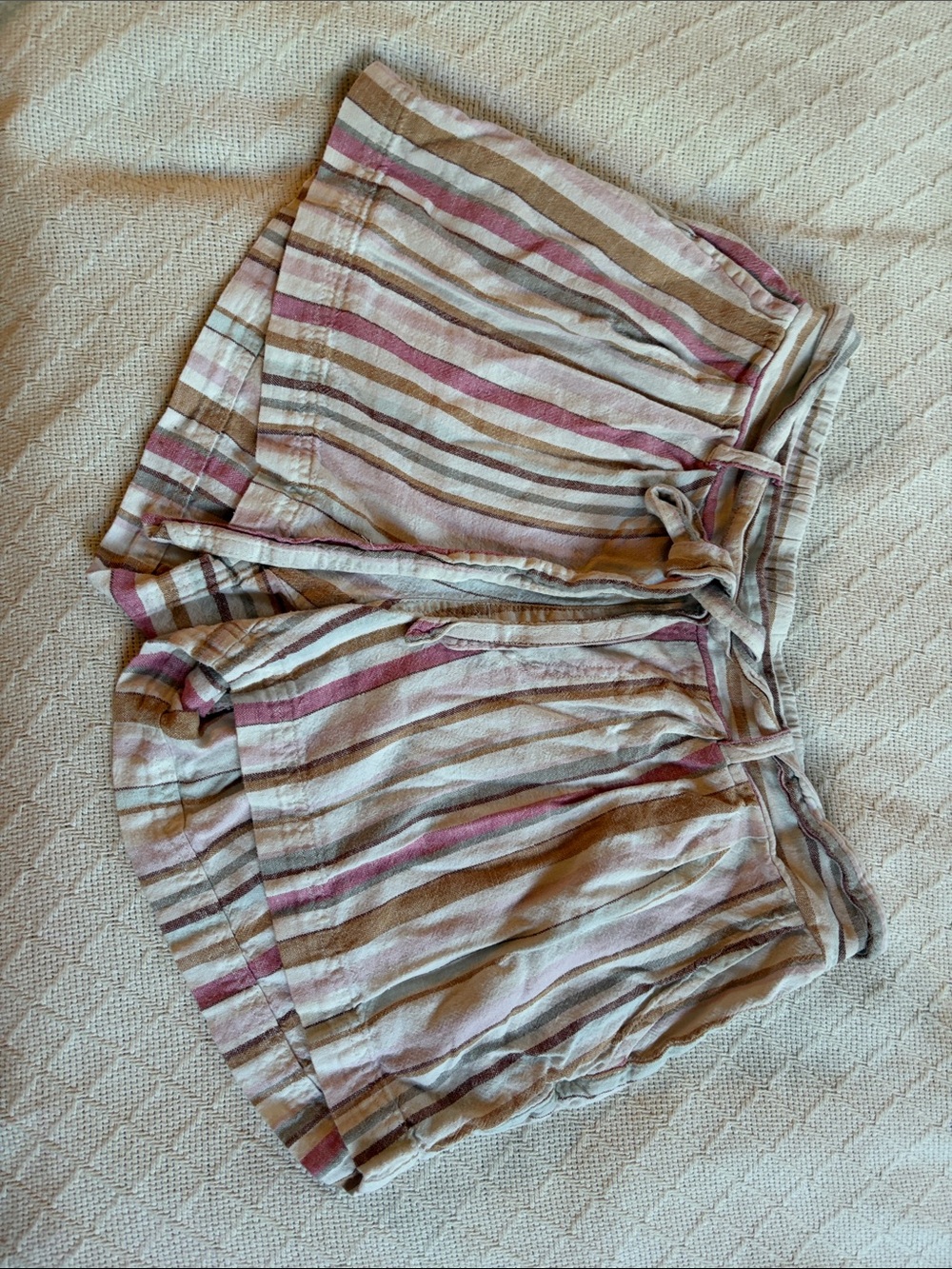 Maurices Striped Tie-Waist Linen-Blend Shorts in Pink, Brown, Cream